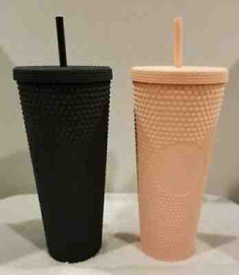 Limited Edition Starbucks Studded Matte Black And Pink Tumblers Duo Rare BNWT