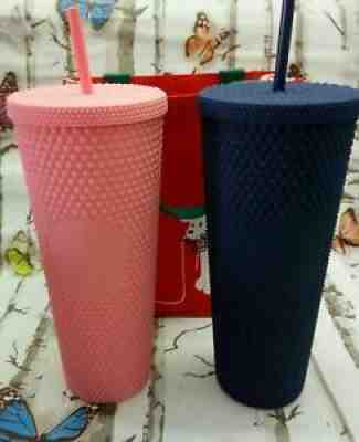 Starbucks Studded Tumbler 24 oz Matte Navy Blue & Coral Pink Free Xmas Bag - Sold on eBay Jan 08, 2021 for $270.00