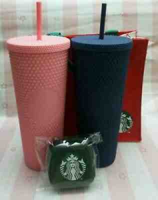 Starbucks Studded Tumbler 24 oz Matte Navy Blue&Coral Pink Free Bag case Airpods - Sold on eBay Jan 19, 2021 for $269.00
