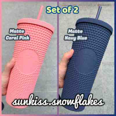 RARE 2020 Starbucks Singapore Matte Navy Blue & Pink Studded Cold Cups Set of 2