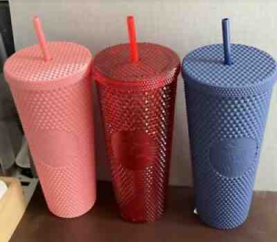 Starbucks Bling Studded Cold Cup Navy Blue Coral Pink Red Venti THAILAND -x card