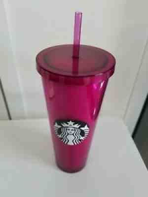 HTF Starbucks Fuchsia Venti 24oz Tumbler Cold Cup Black & White Logo ?2015-2017?