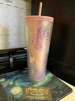 Starbucks Ltd Holographic Iridescent Palm Leaf Pine Cone PINK Tumbler 24oz HTF