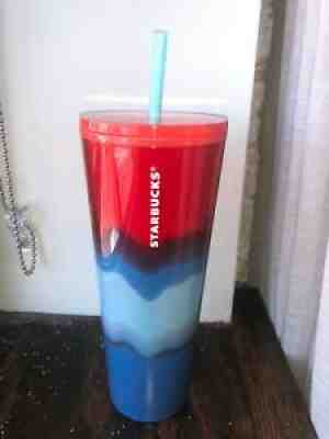 Starbucks Summer 2021 Red Blue Tie-Dye Wave 24 oz Tumbler Cold Cup New - Sold on eBay Aug 10, 2021 for $18.50
