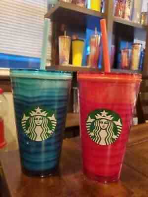 RARE Starbucks Blue & Red Swirl Tumbler SET OF 2 / 16 Oz Cold Cup - Sold on eBay Jul 29, 2021 for $30.00