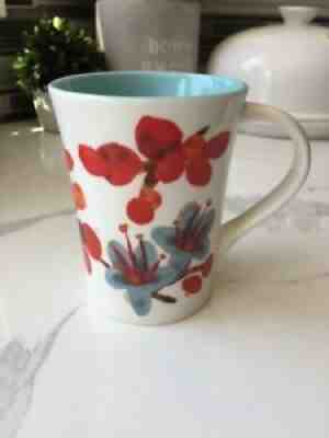 Starbucks Pale Blue Red White Floral Flowers 2008 Coffee Mug Cup 12 oz Beautiful