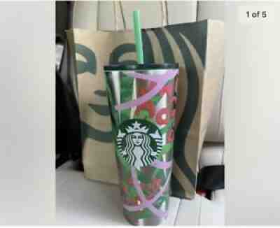 Starbucks leopard stainless steel tumbler 24 oz, green, red with straw - Sold on eBay Jun 29, 2021 for $15.40