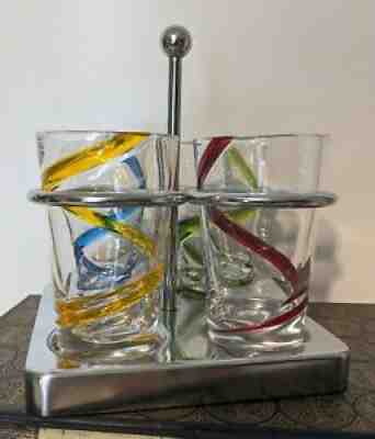 Starbucks Handblown Swirl Espresso Shot Glass Glasses Set Chrome Caddy 2007 - Sold on eBay Aug 08, 2021 for $17.46