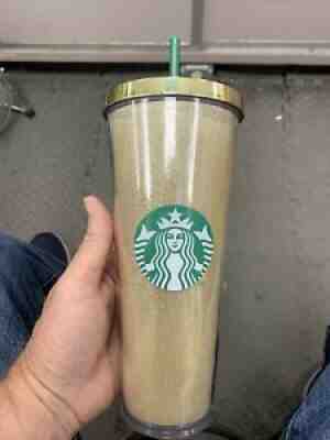Starbucks 2014 24 oz Cold Cup Gold Glitter Coffee Venti Size Tumbler & Straw - Sold on eBay Aug 03, 2021 for $9.99