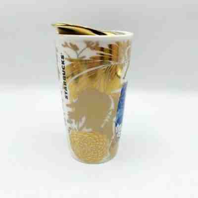 STARBUCKS 2014 Gold Floral Scarab Beetle 12oz Ceramic Tumbler & Lid Travel Mug - Sold on eBay Aug 03, 2021 for $9.99