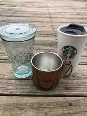 Starbucks lot of 3 drinking glasses mug ceramic glass metal - Sold on eBay Jun 26, 2021 for $21.99