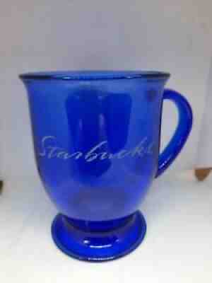 Starbucks Cobalt Blue Glass Coffee Mug Cup Script Footed Anchor Hocking 16 oz - Sold on eBay Sep 03, 2021 for $11.95