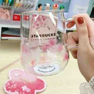 Hot Starbucks Pink Sakura Cup Glass Coffee Mug Cup with Rod&Pink Sakura Coaster - Sold on eBay Sep 06, 2021 for $31.35