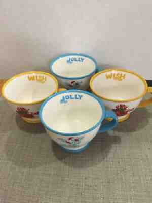 Starbucks Coffee HOLIDAY 2007 WISH JOLLY Mug Set 4Pc Yellow Blue Christmas