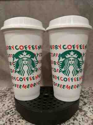 Set of 2 - Starbucks Reusable Hot White Cup 16oz Merry Coffee Christmas 2019 - Sold on eBay Aug 19, 2021 for $13.99