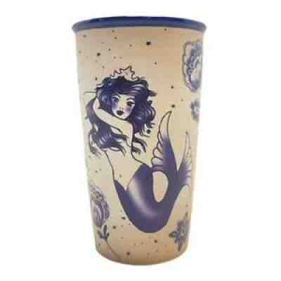 Starbucks 2016 Ceramic Tumbler Travel Siren Mermaid Sailor Tattoo Blue 12oz EUC