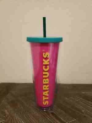Starbucks Summer 2014 Neon Pink Yellow & Teal lid Venti 24 oz Cold Cup Tumbler - Sold on eBay Sep 05, 2021 for $27.99