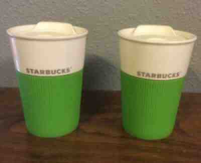 Starbucks Travel cups, Lot of 2 Bone china w/ green rubber sleeve & lid. 8oz - Sold on eBay Aug 18, 2021 for $20.00