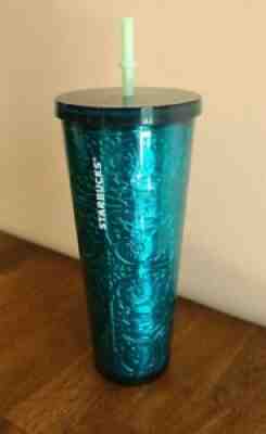 Starbucks 2017 Cold Cup 24 Oz Tumbler Embossed Tin Floral Metallic Foil Teal - Sold on eBay Jul 11, 2021 for $84.99