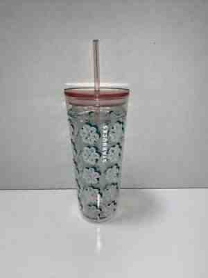 Starbucks Green White Flower Double Wall 20 oz Glass Cold Cup Tumbler & Lid 2017 - Sold on eBay Aug 29, 2021 for $100.99