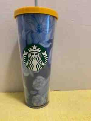 Starbucks 24 Oz. Acrylic Tumbler Blue Floral Cactus Flower Yellow Lid with straw - Sold on eBay Aug 12, 2021 for $40.00