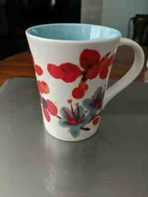 Starbucks Coffee Mug Red Cherry Blossoms Blue Flowers Floral White 2008 12 oz â?¡