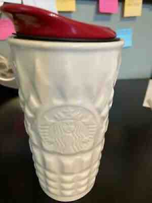 Starbucks White Siren Quilted Look Ceramic Mug Travel Tumbler Red Lid 10 oz 6â? - Sold on eBay Aug 30, 2021 for $9.99