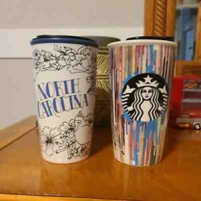 2 Starbucks Ceramic Tumbler Travel Mug North Carolina, Paint Drips Stripes - Sold on eBay Aug 10, 2021 for $15.50