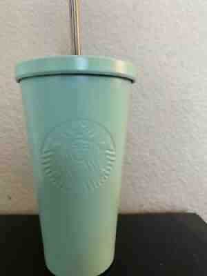 Starbucks Tiffany Blue aqua Matte stainless steel siren logo 16oz Tumbler Straw - Sold on eBay Aug 23, 2021 for $20.00
