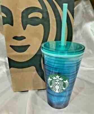 New Starbucks Summer 2021 Series Aqua Blue Waves Stripes 16 oz Tumbler Cup - Sold on eBay Jul 25, 2021 for $29.99