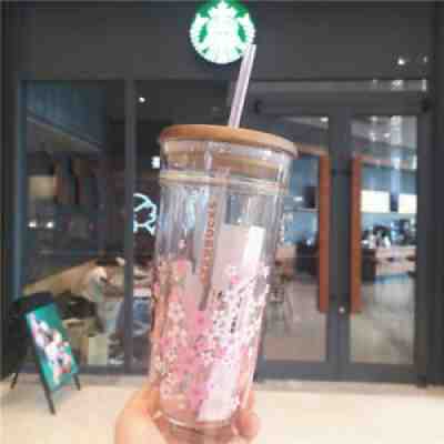 Starbucks Pink Sakura Wooden Lid Large Capacity Double Layer Glass straw cup NEW - Sold on eBay Sep 08, 2021 for $54.99