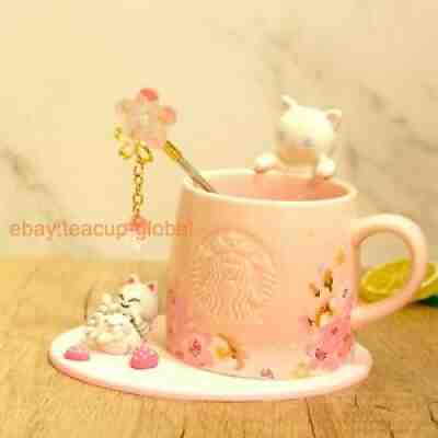 Starbucks Pink Sakura Cute white Cat Coffee Mug cup strawberry Coaster & stirrer - Sold on eBay Aug 20, 2021 for $49.99