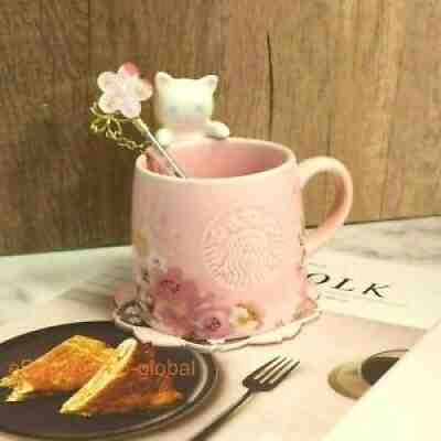 Starbucks Pink Sakura Cute white Cat Coffee Mug Cherry Blossom Coaster & stirrer - Sold on eBay Aug 22, 2021 for $42.99