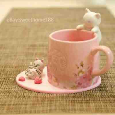 Starbucks Cute Pink Sakura Cat Coffee Mug Cherry Blossom with strawberry coaster - Sold on eBay Aug 25, 2021 for $39.99
