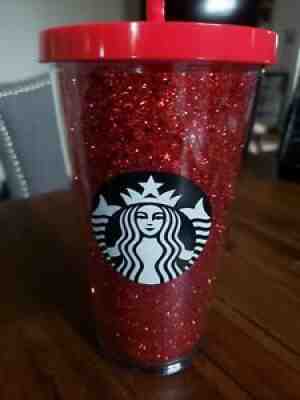 STARBUCKS Red Glitter Cold Beverage 16oz Tumbler Cup With Straw - Sold on eBay Jul 06, 2021 for $8.99