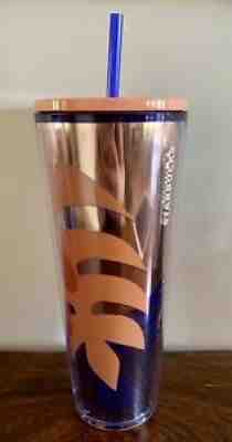 NEW STARBUCKS 24OZ TUMBLER METALLIC ROSE GOLD BLUE TROPICAL PALM LEAVES SOLD OUT - Sold on eBay Aug 12, 2021 for $20.00
