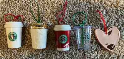 Starbucks Mini Tumbler and Heart Christmas Ornaments (5) 2006 x 2, 2010, 2016 - Sold on eBay Jul 03, 2021 for $27.99
