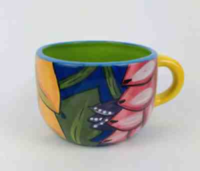 STARBUCKS 2006 Pefi Costa Rica Tropical Flowers Round Cup Mug 18 Oz Hand Painted