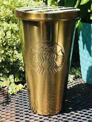 Starbucks Stainless Steel Metallic Gold Tumbler Striped Lid Grande NO Straw READ - Sold on eBay Aug 14, 2021 for $24.00