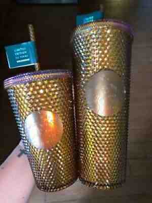 Lot of 2 Starbucks Honeycomb Studded Tumbler Gold 50th Anniversary 24oz 16oz Cup - Sold on eBay Jul 18, 2021 for $50.00