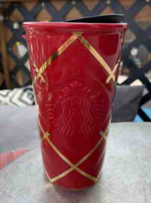 Starbucks Red Gold Striped Ceramic Coffee Tumbler Travel Mug Cup 10oz 2016 - Sold on eBay Aug 25, 2021 for $12.75