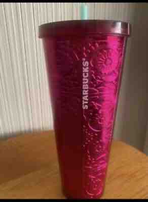 Starbucks 2017 Pink Floral Metallic Embossed Foil 24 oz venti tumbler Straw - Sold on eBay Aug 18, 2021 for $76.00