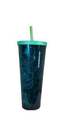 RARE Starbucks 2019 Teal Blue Green Floral Vine Venti 24oz Tumbler W/ Straw - Sold on eBay Aug 09, 2021 for $36.00