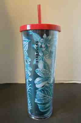 Starbucks 24 oz Tumbler Tropical Blue Floral 2017 Cold Cup Red Lid and Straw