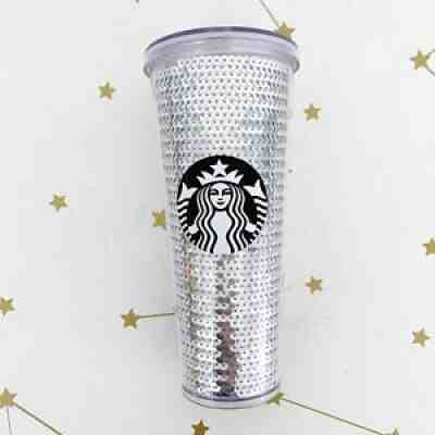 Starbucks Tumbler Cup 24 oz Silver Sequins Limited Edition 2017 Cup No Straw - Sold on eBay Sep 12, 2021 for $44.99