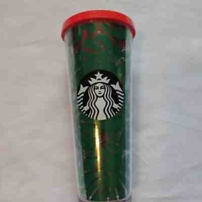 Starbucks 24 Oz Tumbler Green Leaves with Hexagon Background Red Top No Straw - Sold on eBay Jul 05, 2021 for $19.95