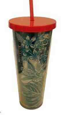 Starbucks 24 oz Tumbler Tropical Blue Floral 2017 Cold Cup Red Lid and Straw