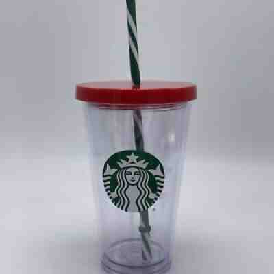 Starbucks Grande Clear Acrylic Cold Cup Tumbler 16oz Red Lid Green Stripe Straw - Sold on eBay Jul 24, 2021 for $20.00