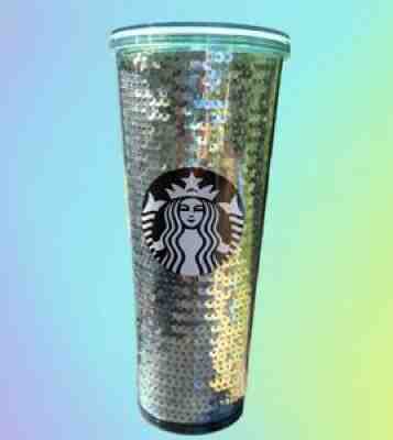 Starbucks 2017 Silver Green SEQUIN Venti 24 oz Tumbler COLD CUP RARE - Sold on eBay Aug 01, 2021 for $35.00