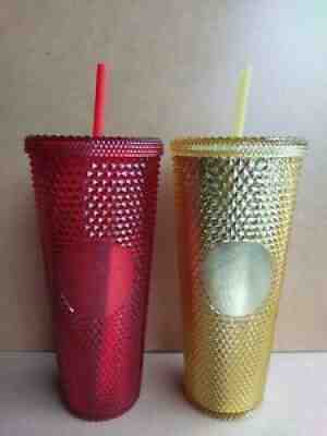 Starbucks China 2020 Tumbler Red Bling Gold Diamond Studded 24oz Straw Cold Cup - Sold on eBay Sep 12, 2021 for $96.00